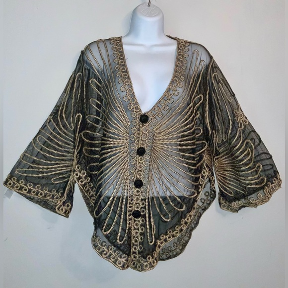 Gorgeous Vintage Black & Gold Embroidered Sheer Retro Poncho OS - Picture 3 of 11